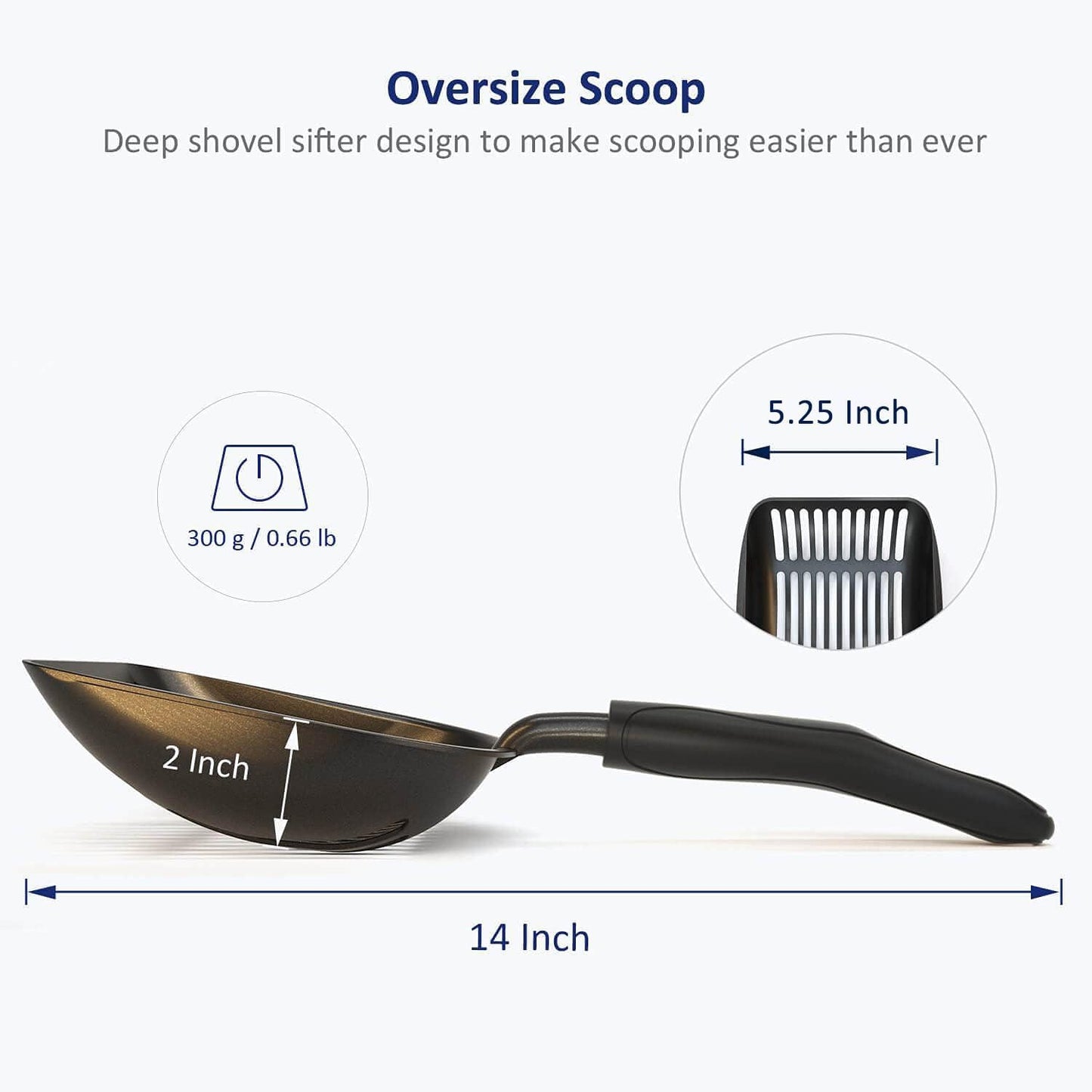 Cat Litter Scoop, Non-Stick Plated Aluminum Alloy Sifter, Coated Black Body with Black Handle