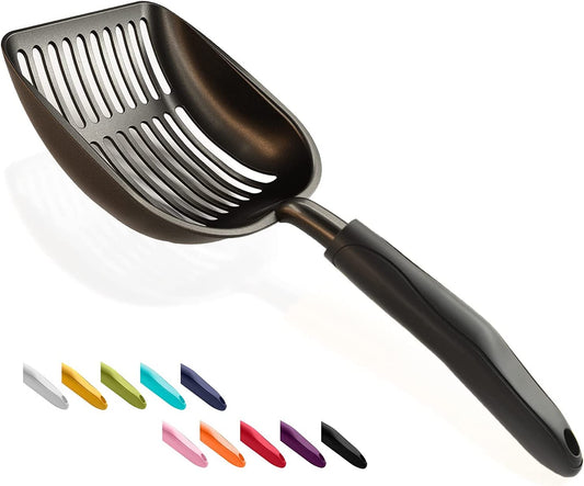 Cat Litter Scoop, Non-Stick Plated Aluminum Alloy Sifter, Coated Black Body with Black Handle